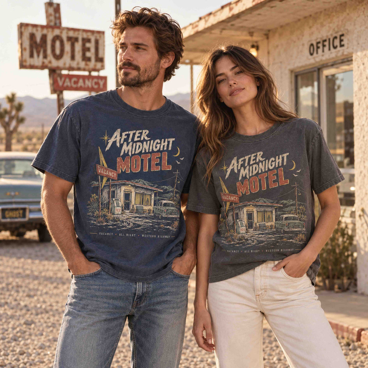 Models wearing After Midnight Motel graphic T-shirts in Navy and Pepper outside a desert motel.