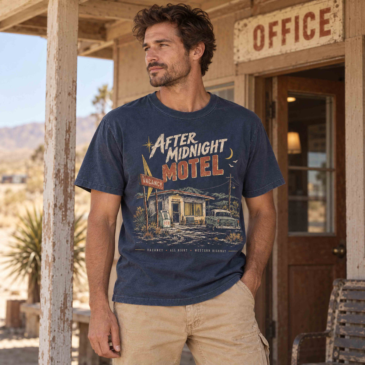 Navy After Midnight Motel T-shirt with a vintage desert motel graphic.
