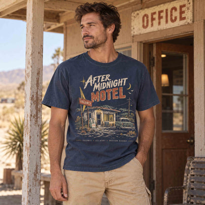 Navy After Midnight Motel T-shirt with a vintage desert motel graphic.