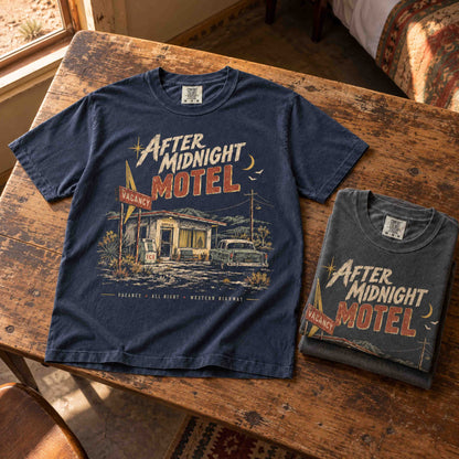 After Midnight Motel graphic tee in Navy, styled flat to show the vintage motel design.