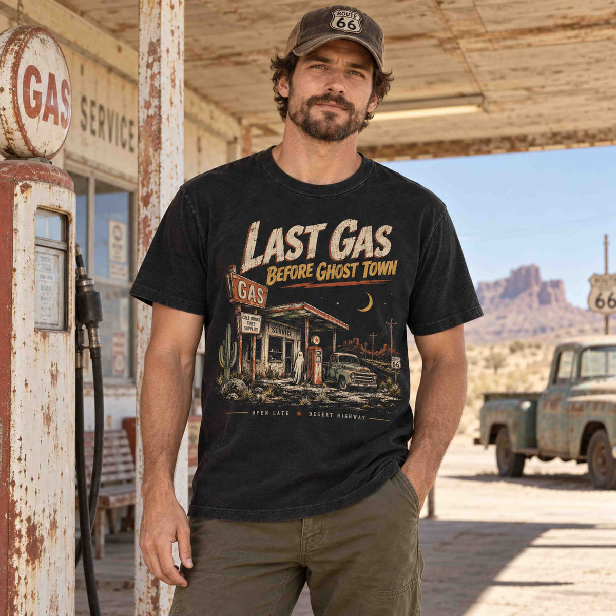 Close-up of Last Gas Before Ghost Town Route 66 graphic tee distressed vintage print