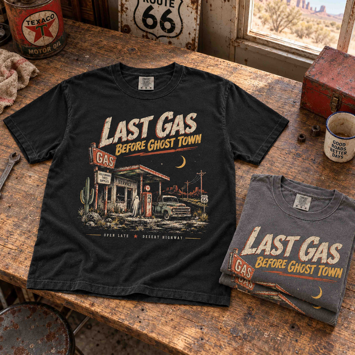Pepper Last Gas Before Ghost Town Route 66 graphic tee with vintage desert gas station artwork