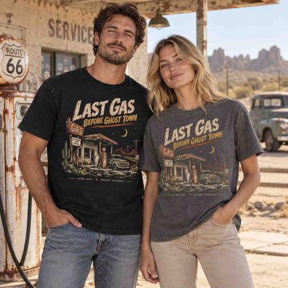 Last Gas Before Ghost Town Route 66 graphic tee on male and female models at a vintage desert gas station
