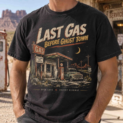 Last Gas Before Ghost Town Route 66 graphic tee featuring vintage haunted gas station artwork
