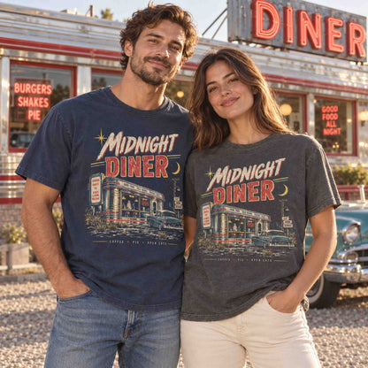 Midnight Diner vintage roadside Americana graphic tee on male and female models outside a retro diner