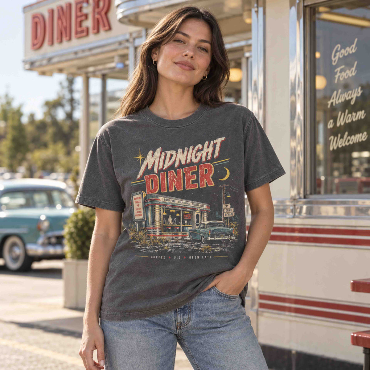 Pepper Midnight Diner vintage diner graphic tee with distressed roadside Americana design