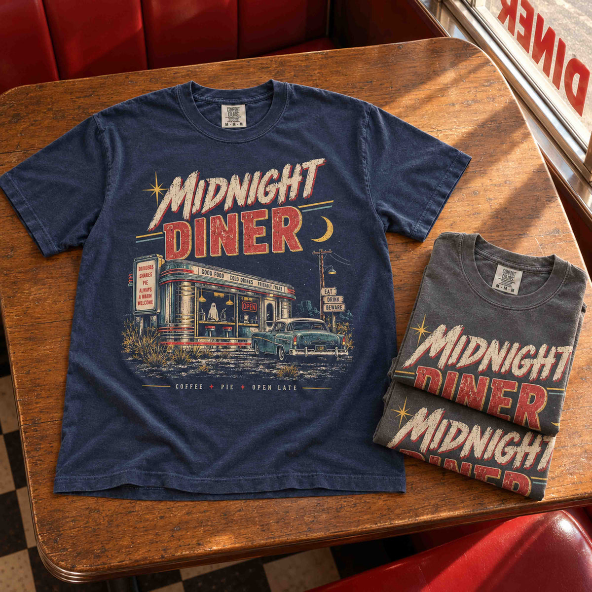 Close-up of Midnight Diner graphic tee with distressed vintage diner print and retro typography