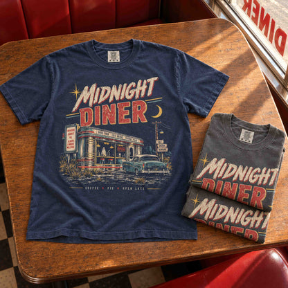 Close-up of Midnight Diner graphic tee with distressed vintage diner print and retro typography