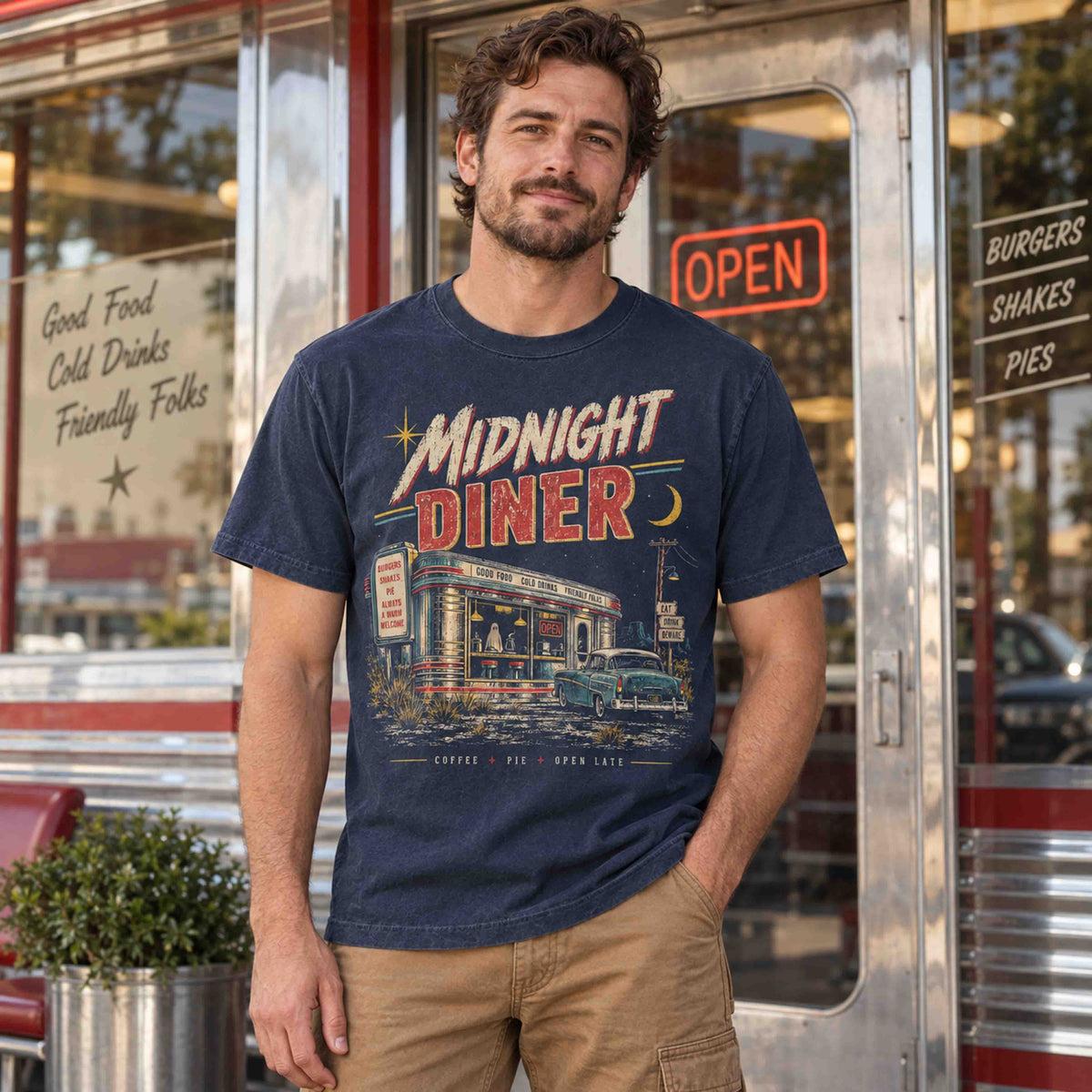 Navy Midnight Diner graphic tee featuring retro diner and classic car artwork