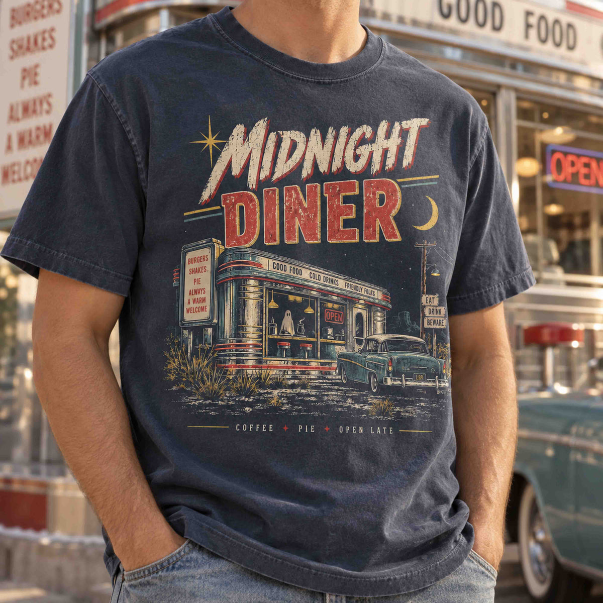 Midnight Diner graphic tee featuring a retro roadside diner, classic car and vintage Americana artwork