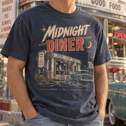 Midnight Diner graphic tee featuring a retro roadside diner, classic car and vintage Americana artwork