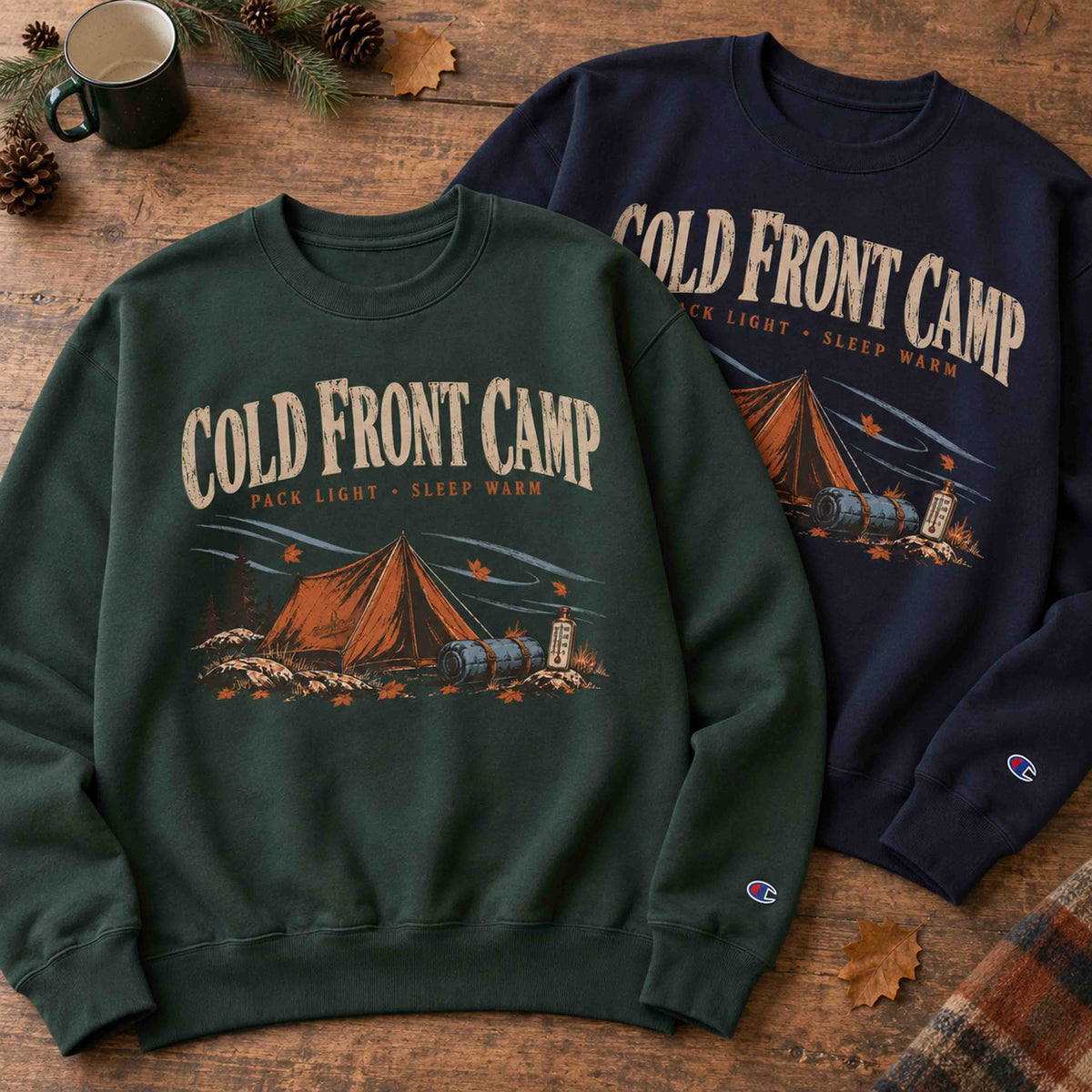 Cold Front Camp Champion graphic sweatshirts in Dark Green and Navy shown together