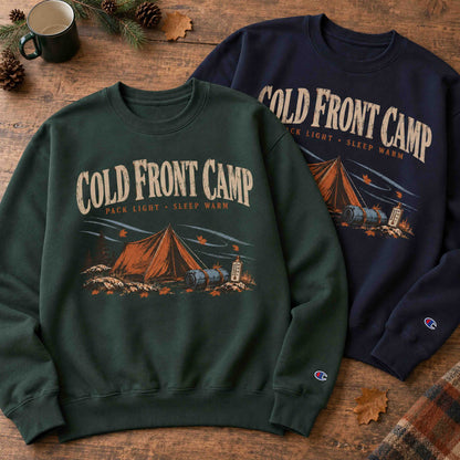 Cold Front Camp Champion graphic sweatshirts in Dark Green and Navy shown together