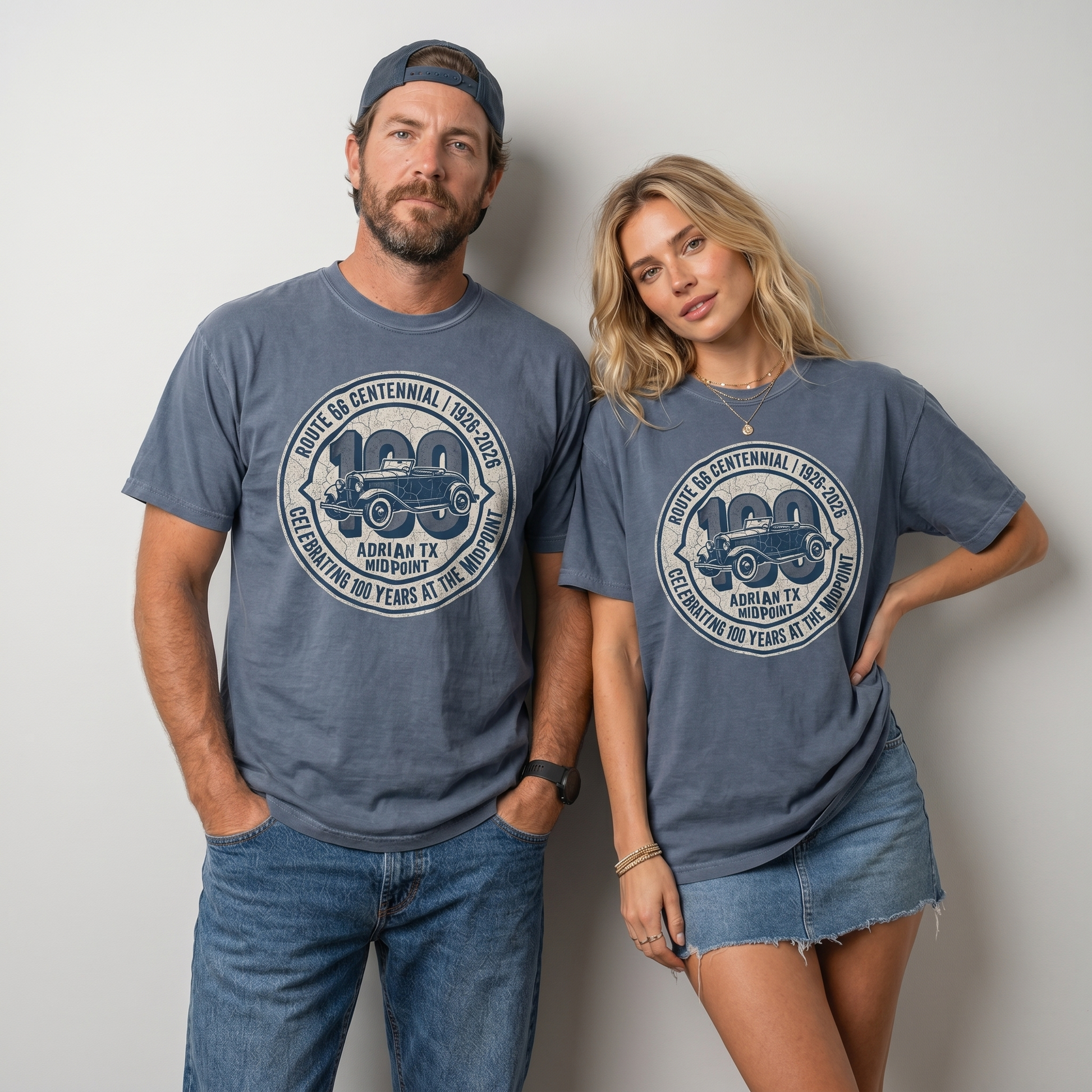 Comfort Colors Route 66 Centennial graphic tee featuring vintage car badge design with Adrian Texas midpoint and 100 years anniversary text.