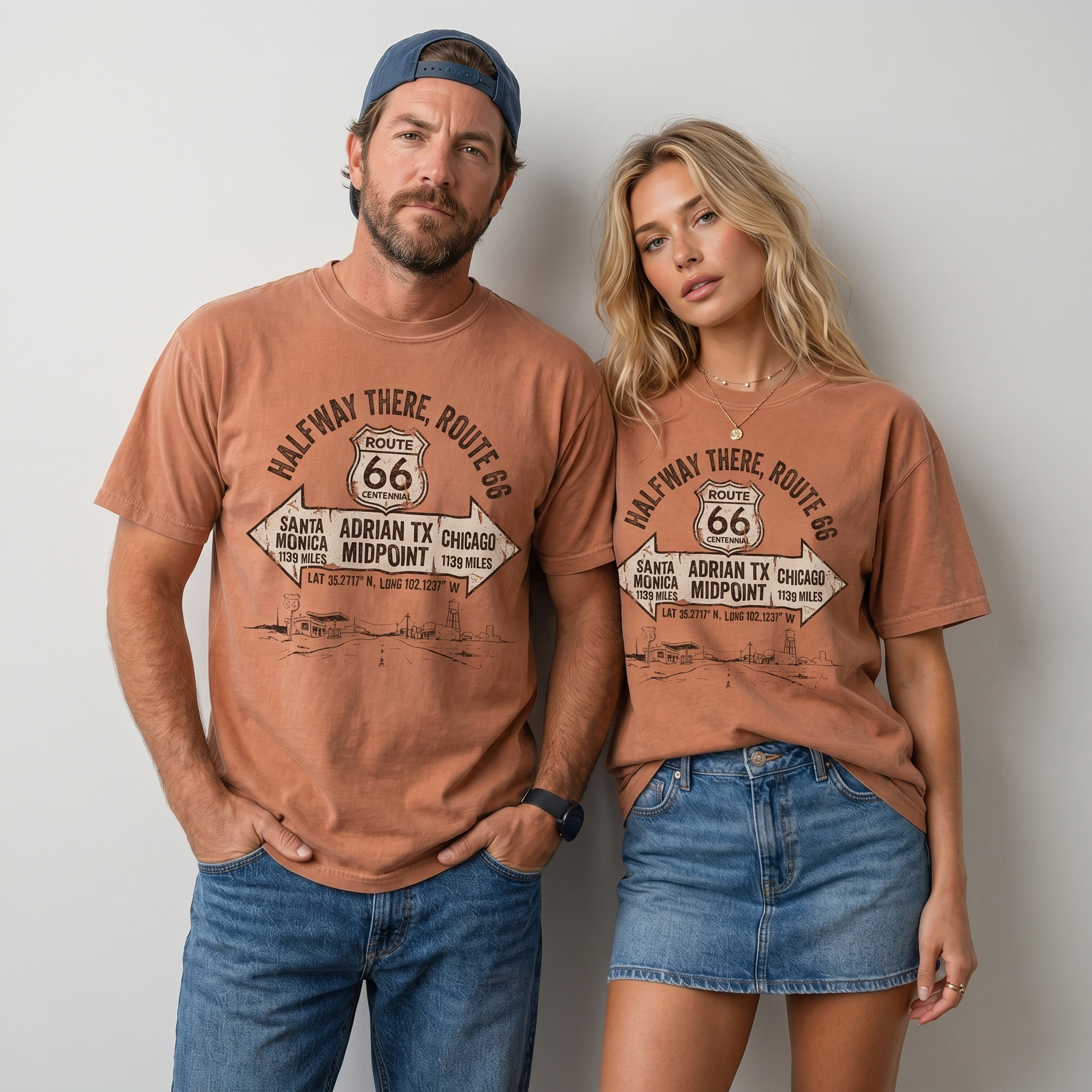 Comfort Colors graphic tee featuring Route 66 midpoint Adrian Texas design with directional sign, vintage highway artwork, and desert road illustration.