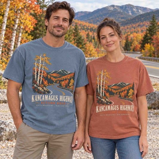 Couple wearing Blue Jean and Yam Kancamagus Highway Autumn Road graphic tees in the White Mountains of New Hampshire