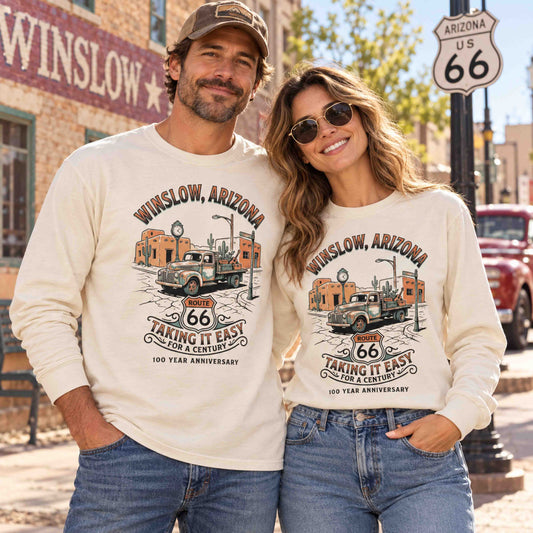 Man and woman wearing Ivory Winslow Arizona Route 66 long sleeve graphic tees by Being is Good.