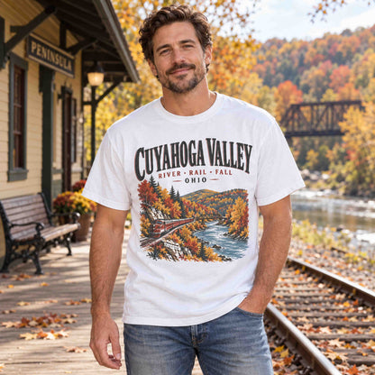 Cuyahoga Valley River Rail Fall graphic tee with vintage Ohio railway and autumn foliage artwork