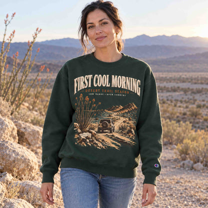 Dark Green Champion First Cool Morning Desert Trail graphic sweatshirt with vintage off-road desert artwork