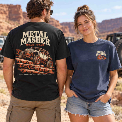 Couple wearing Being is Good Metal Masher tees, showing the Black rock-crawling back graphic and Navy left-chest print.
