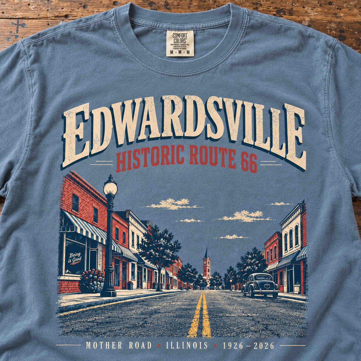 Blue Jean Edwardsville Historic Route 66 graphic tee featuring vintage downtown Illinois street artwork