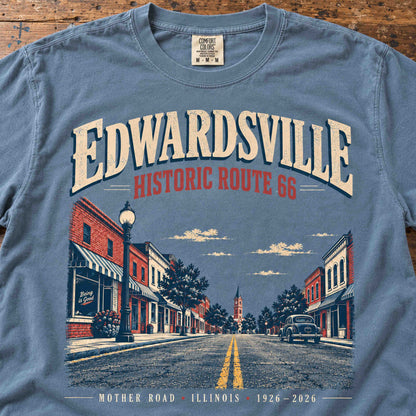 Blue Jean Edwardsville Historic Route 66 graphic tee featuring vintage downtown Illinois street artwork