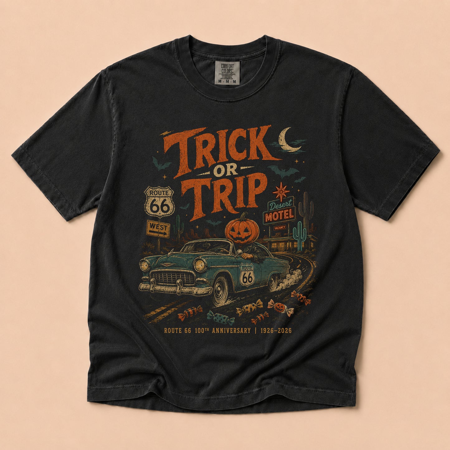 Trick or Trip Route 66 Halloween Graphic Tee | Vintage Road Trip Shirt
