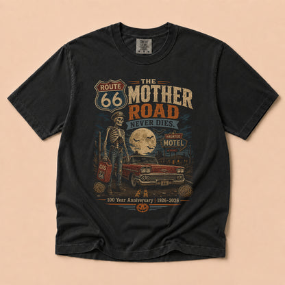 The Mother Road Never Dies Route 66 Graphic Tee | Halloween Road Trip Shirt