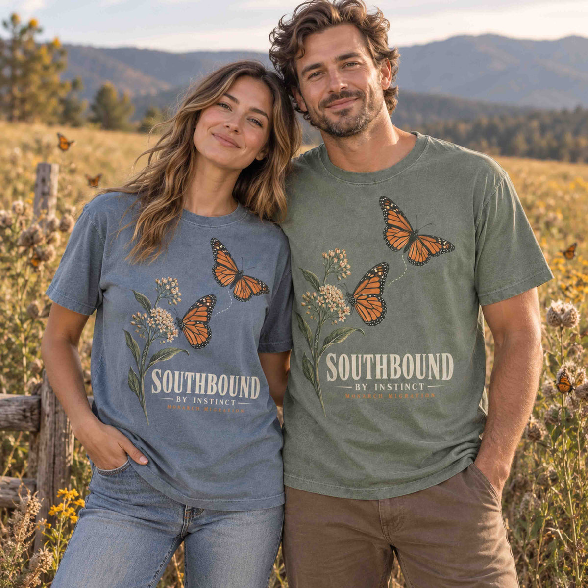 Woman and man wearing Being is Good Southbound by Instinct monarch butterfly T-shirts in Blue Jean and Moss in a meadow.