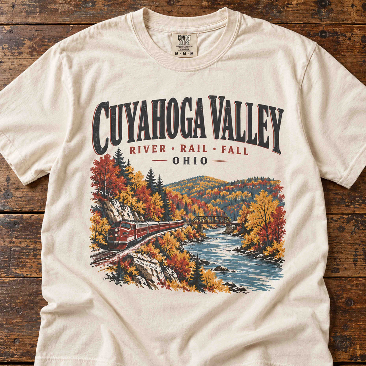 Ivory Cuyahoga Valley River Rail Fall graphic tee with vintage Ohio autumn railway design