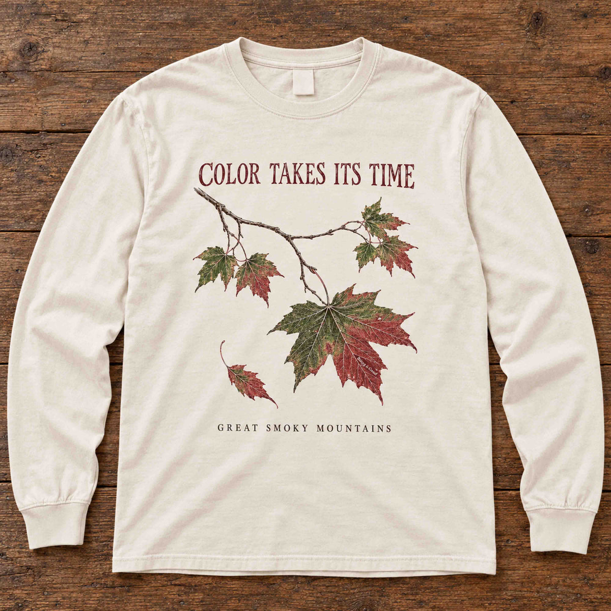 Ivory Color Takes Its Time long sleeve shirt laid flat on a wooden surface.