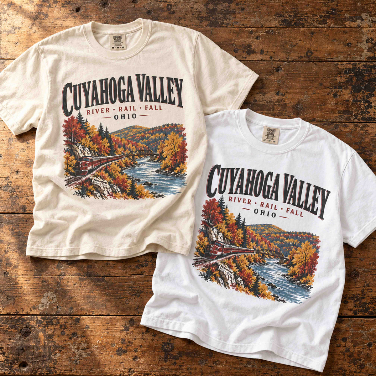 Ivory and White Cuyahoga Valley River Rail Fall graphic tees shown together