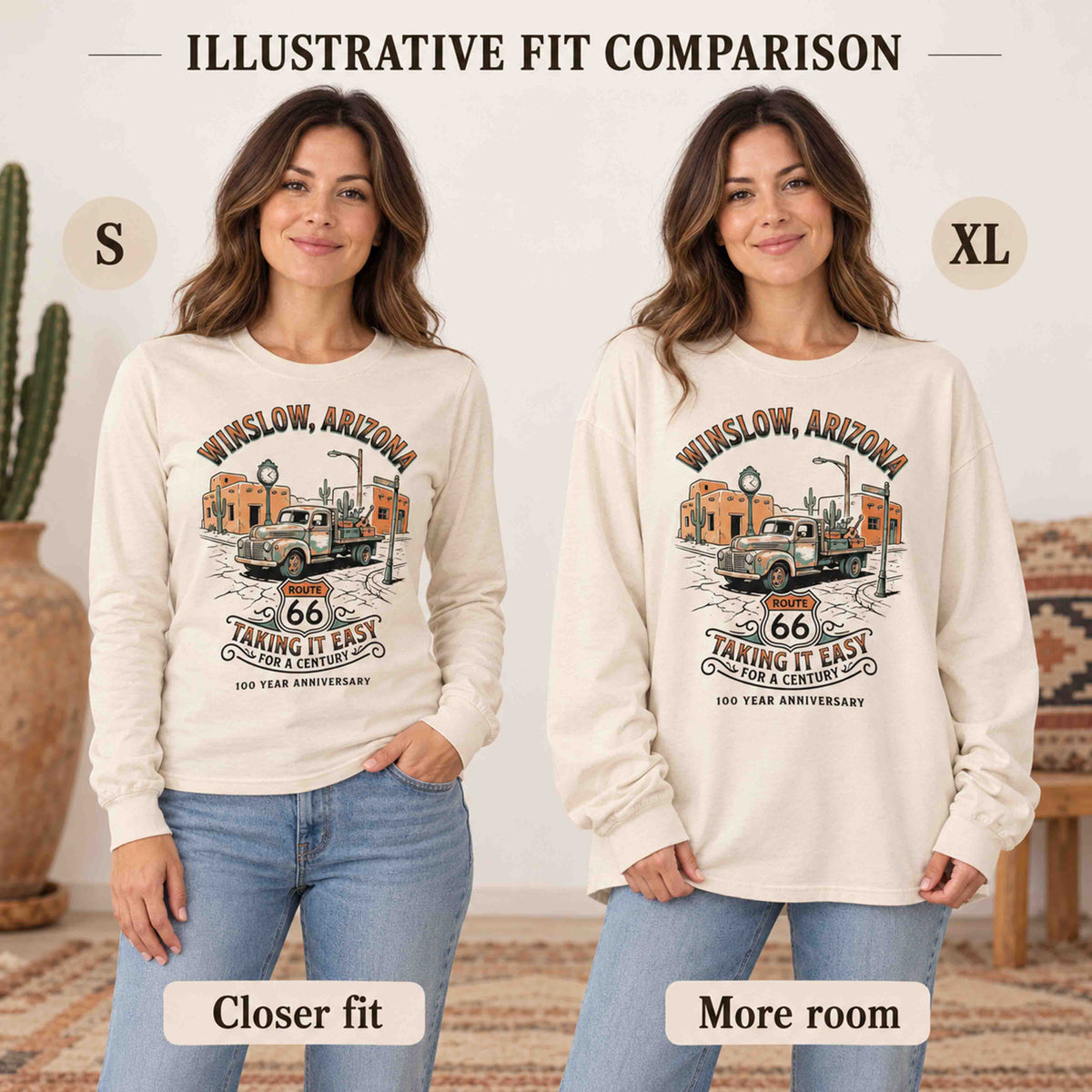 Illustrative S versus XL fit comparison of the Ivory Winslow long sleeve tee on a woman, showing closer and roomier fits.