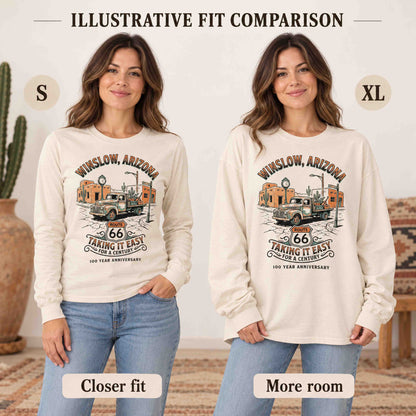 Illustrative S versus XL fit comparison of the Ivory Winslow long sleeve tee on a woman, showing closer and roomier fits.