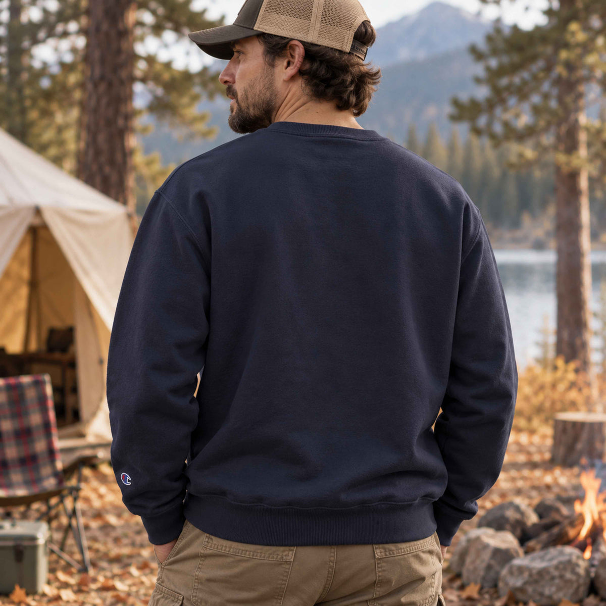 Back view of Navy Champion unisex sweatshirt showing relaxed fit, blank back and sleeve detail