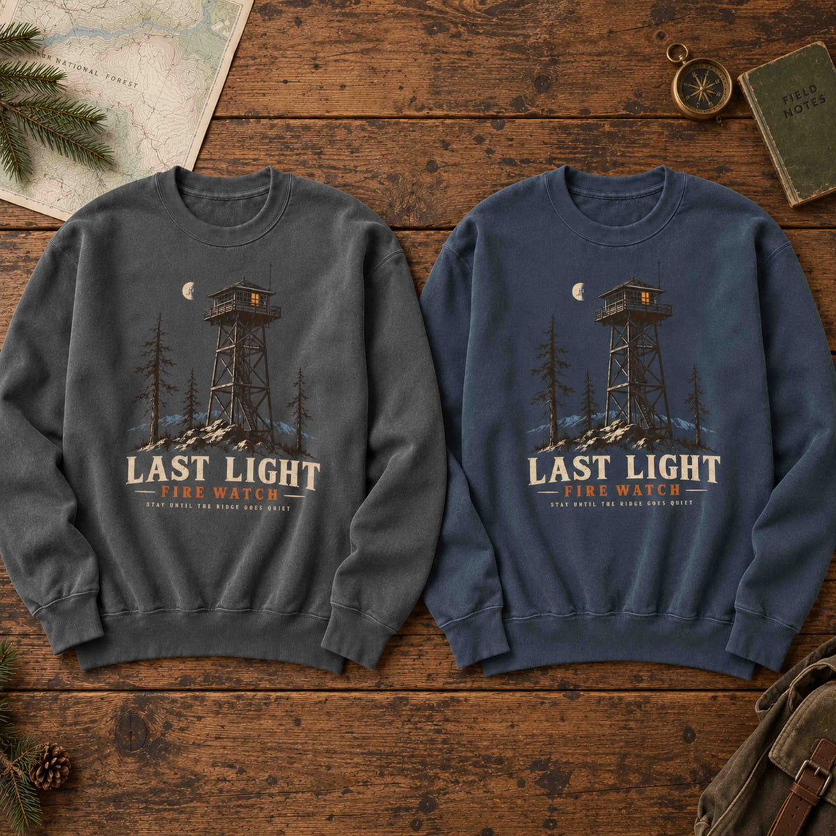 Denim and Pepper Last Light Fire Watch graphic sweatshirts shown together