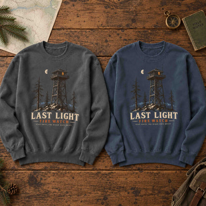 Denim and Pepper Last Light Fire Watch graphic sweatshirts shown together