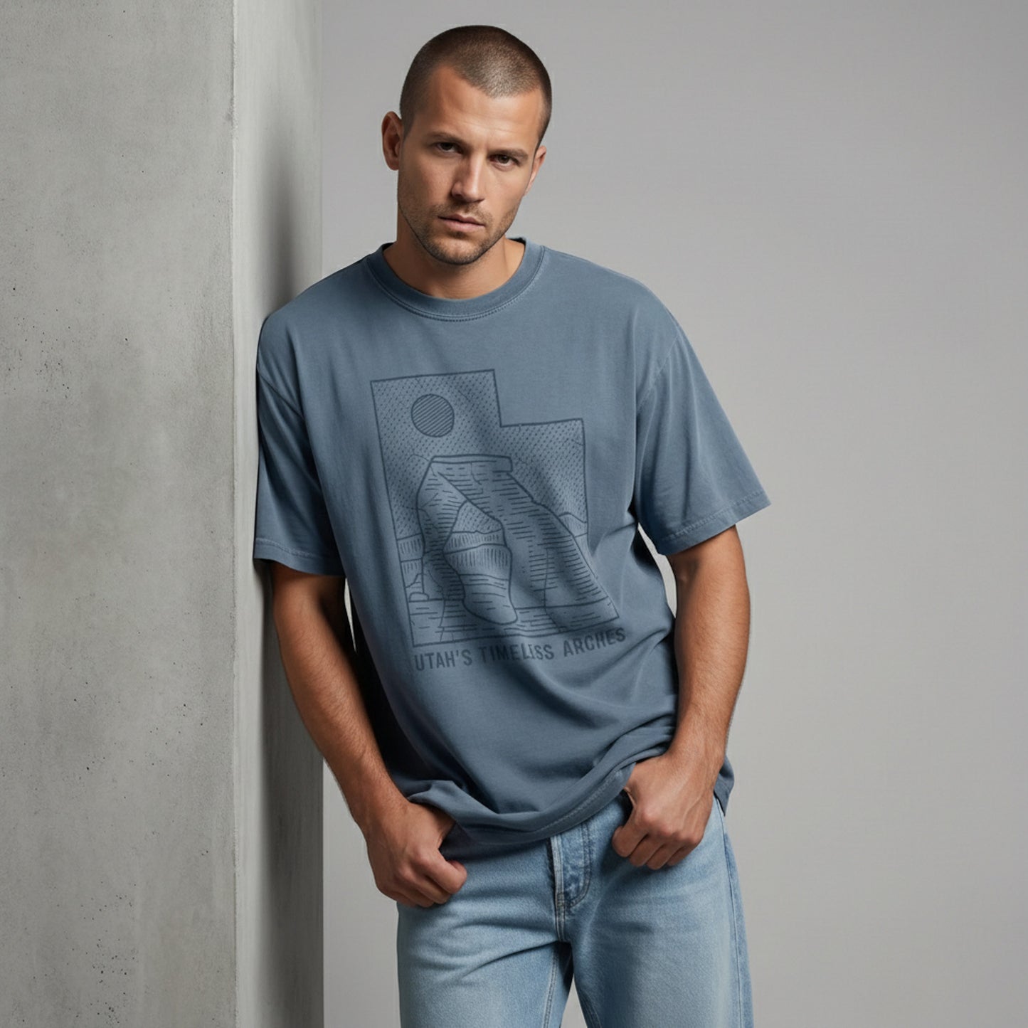 Man looking down with his thumbs in his pockets, wearing a vintage-style blue Utah desert t-shirt.