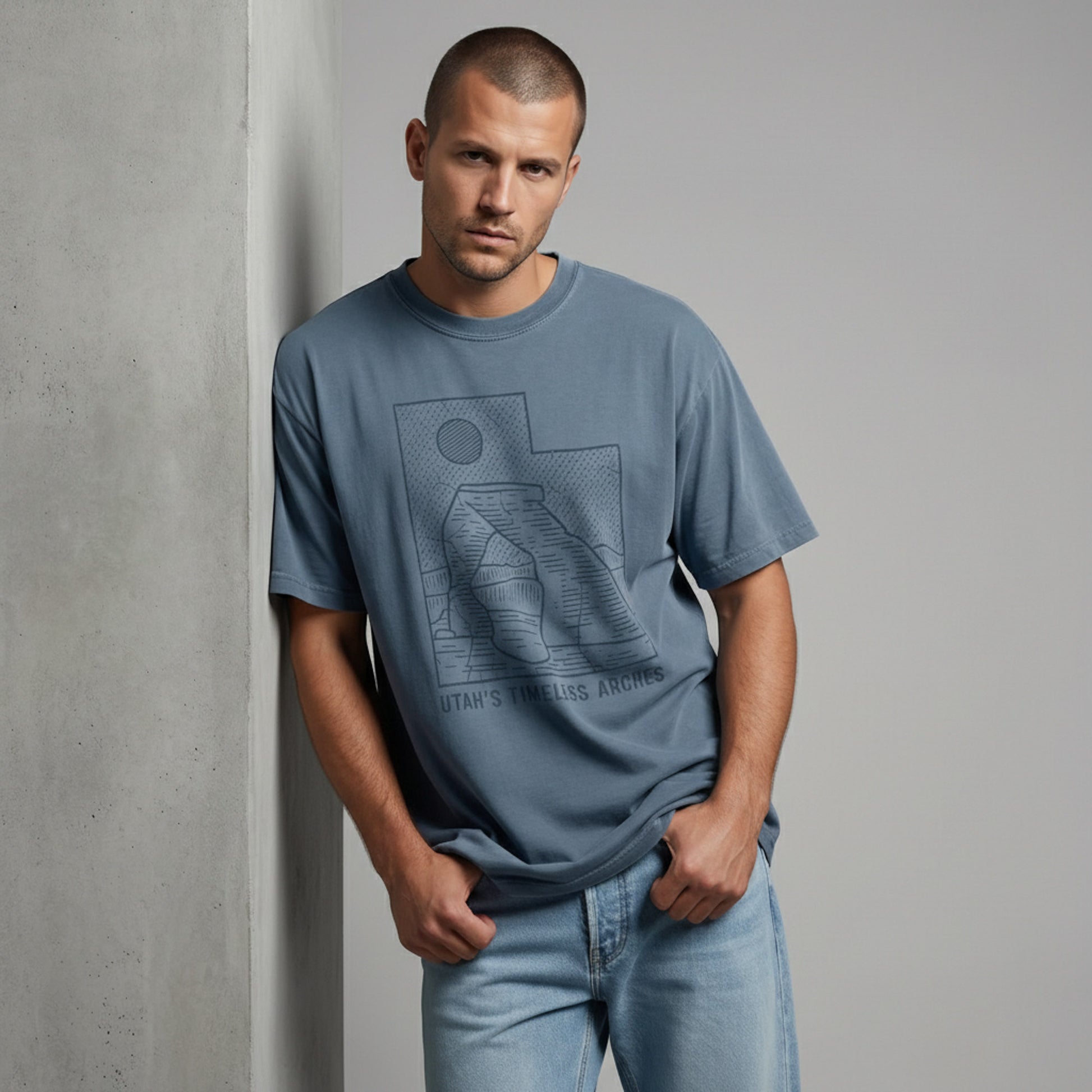 Man looking down with his thumbs in his pockets, wearing a vintage-style blue Utah desert t-shirt.