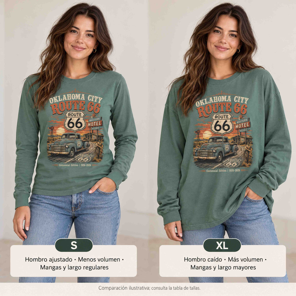 Illustrative S versus XL fit comparison of the Light Green Oklahoma City long sleeve tee on a woman, with Spanish fit notes.