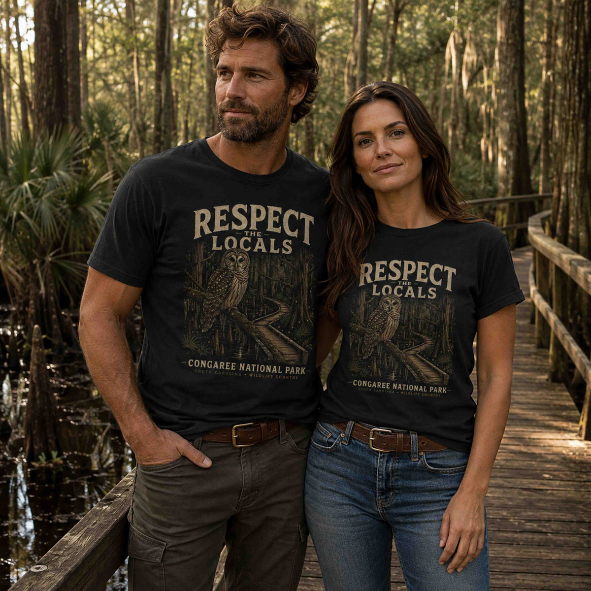 Folded Respect the Locals Congaree National Park barred owl graphic tee showing vintage wildlife artwork