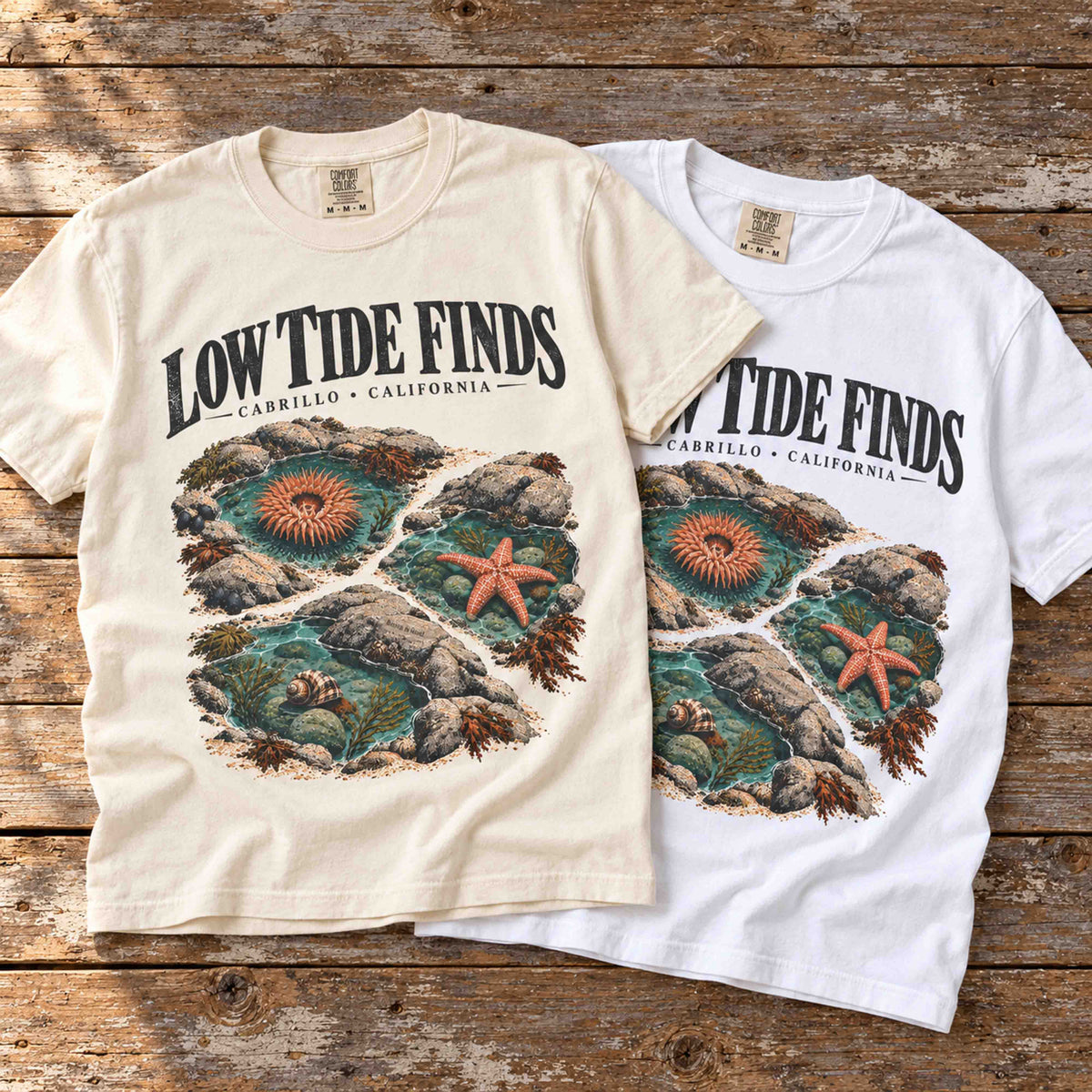 Ivory and White Low Tide Finds Cabrillo graphic tees layered on a wooden table with tide pool artwork visible.