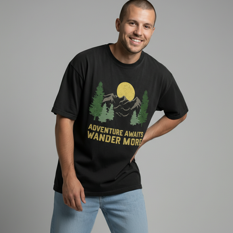 Man smiling with his hand on his hip, wearing a black minimal-vintage graphic tee and light blue jeans.