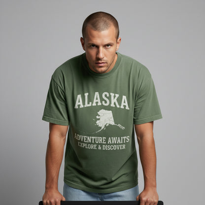 Front view of a man looking down with hands in his pockets, modeling an olive green Alaska adventure t-shirt.