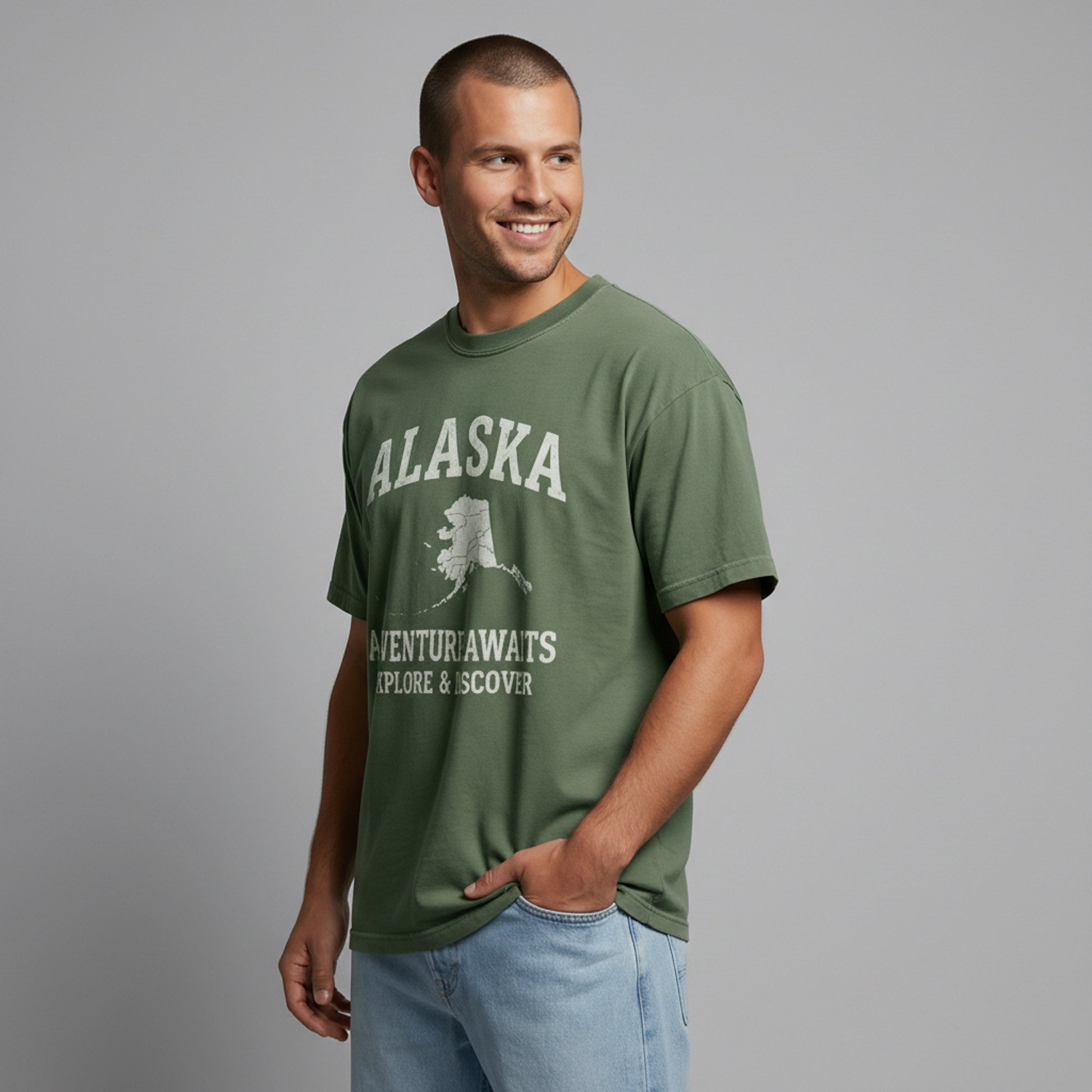 Man smiling and looking off-camera while wearing a green vintage-style Alaska graphic tee.