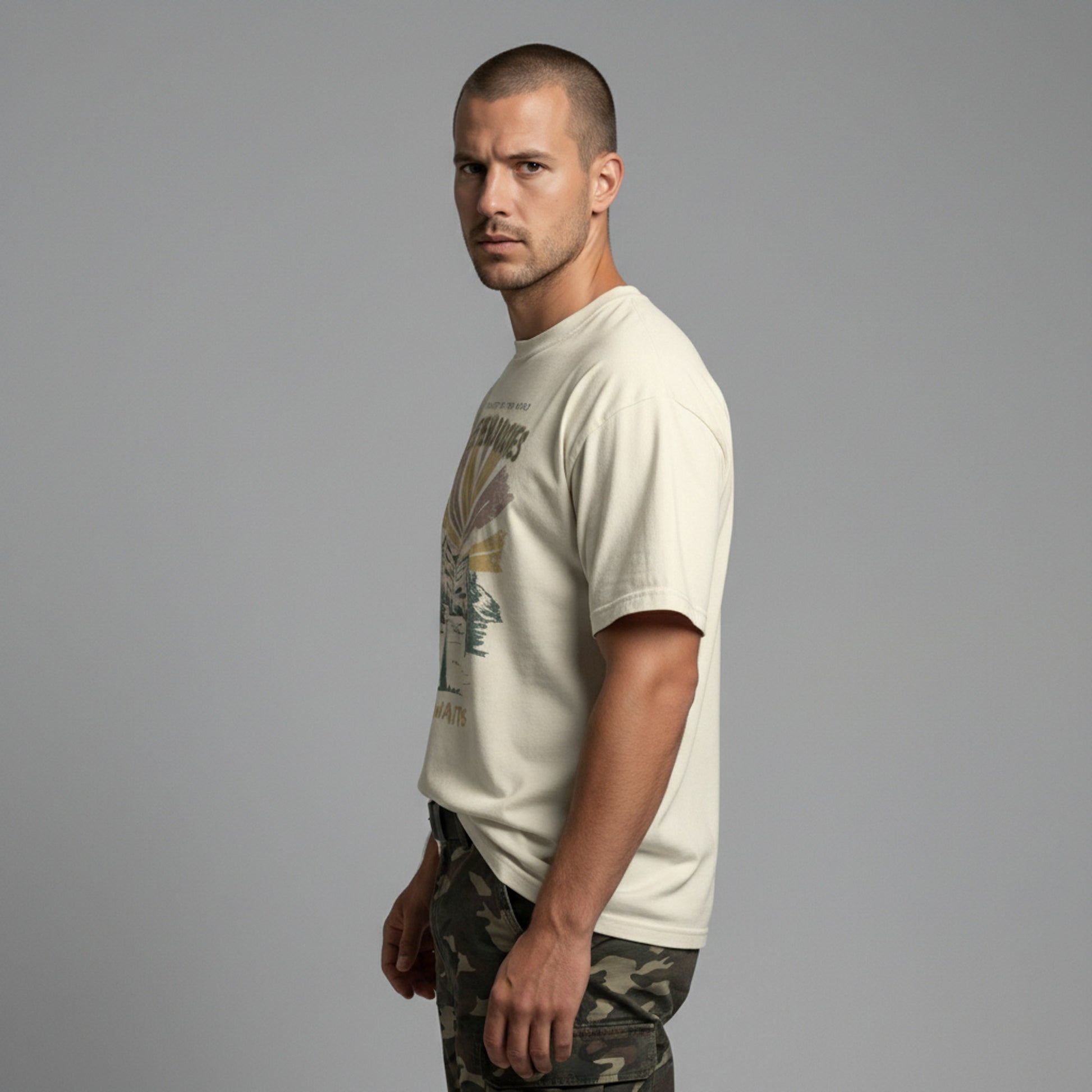 Side profile view of a man modeling a relaxed-fit cream "Explore the Wild Rockies" graphic t-shirt.