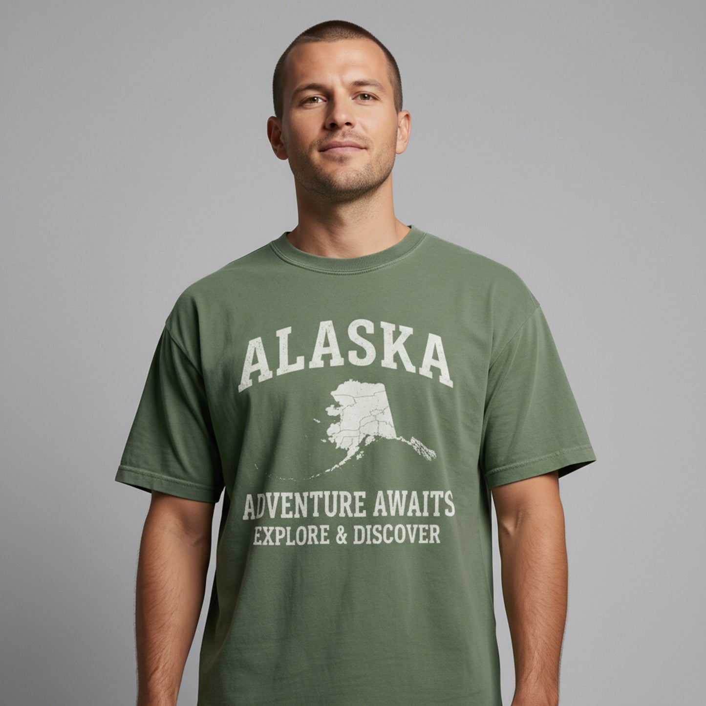 Straight-on view of a man modeling a green everyday-fit t-shirt with a minimal Alaska state outline.