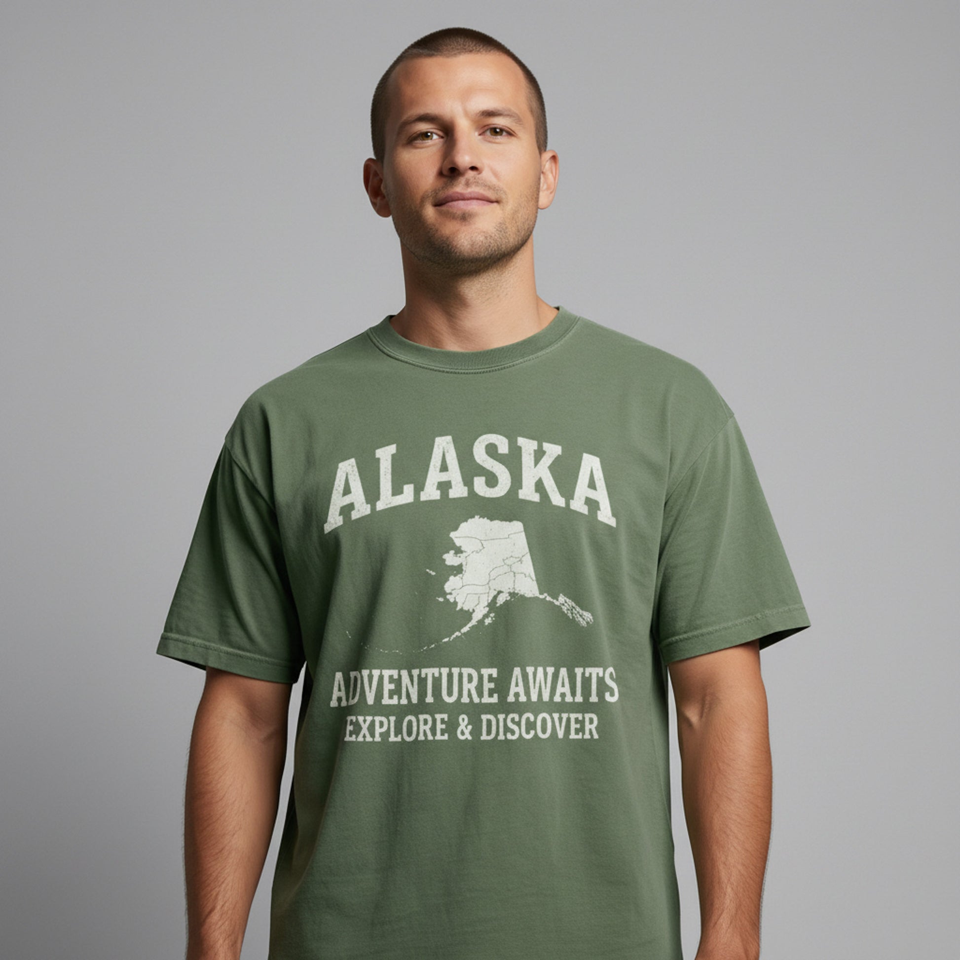 Straight-on view of a man modeling a green everyday-fit t-shirt with a minimal Alaska state outline.