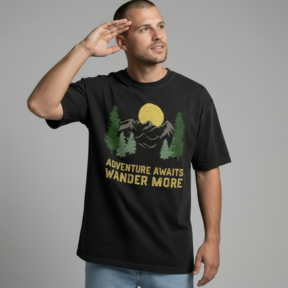 Man holding his hand to his forehead as if shielding his eyes, wearing a black vintage wanderlust t-shirt.