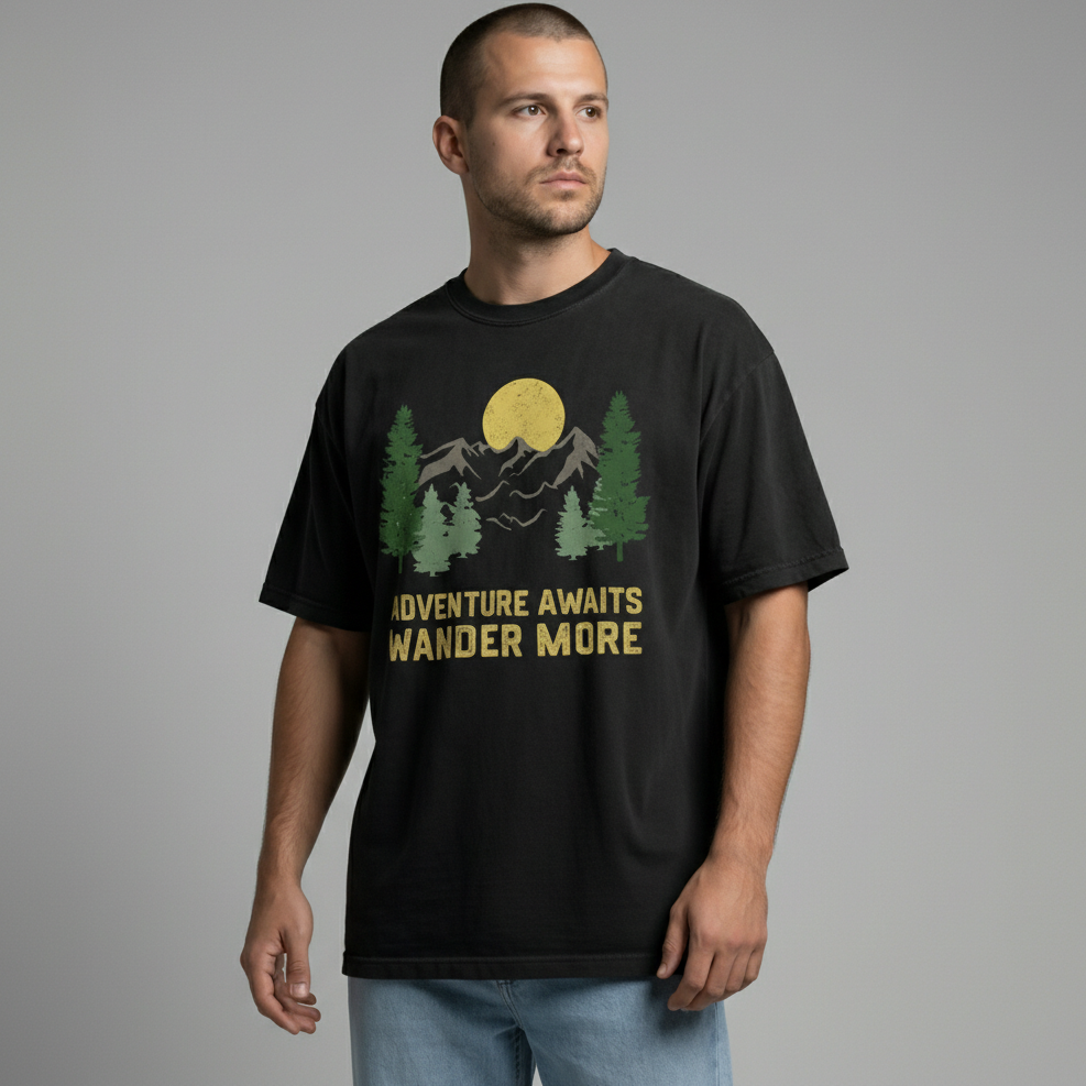 Front view of a man looking slightly down, wearing a black relaxed-fit nature graphic t-shirt.